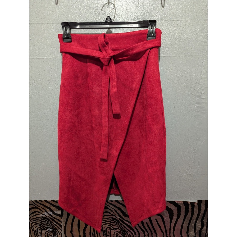 SALTY red S suede feel wrap look lined skirt with‎ tie front zipper back